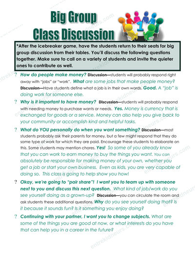 Teacher Guide page of big group discussion questions with the answers students usually give