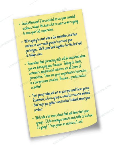 Handwritten sticky notes in the Teacher Guide with what to say to the class