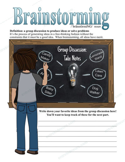 Student Workbook brainstorming page with a chalkboard of business ideas and space to write