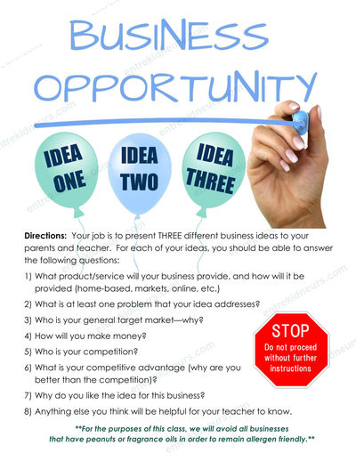 Student Workbook page asking students to present three business ideas and answer questions about each
