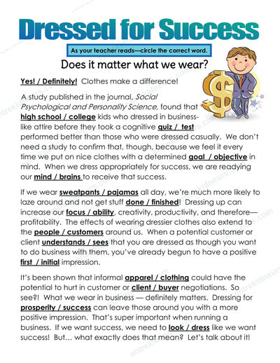 Student Workbook reading activity about how what you wear changes how customers treat you